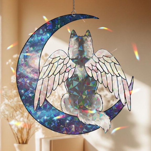 Husky Angel Wing Moon Acrylic Suncatcher Celestial Dog Hologram Prism Fantasy Decoration Window Hanging Gift