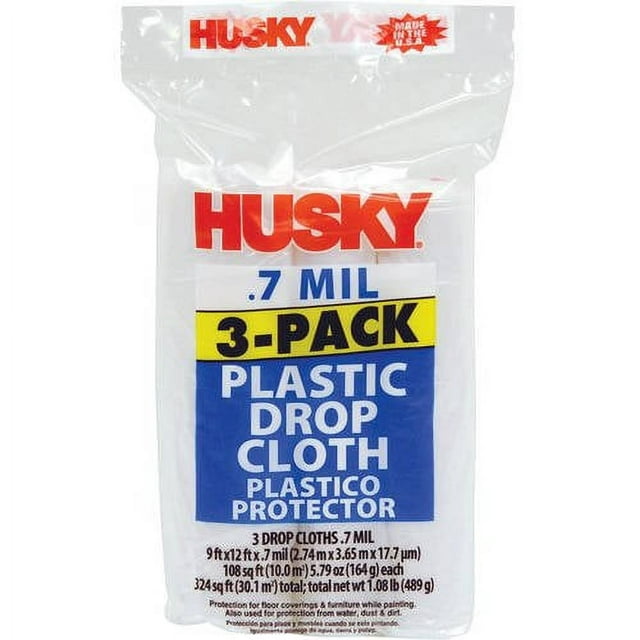 Husky Clear Plastic Drop Cloth, 0.7 Mil, 9 Ft x 12 Ft, 3 Pack