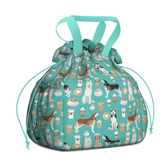 Husky and Coffee Drawstring Lunch Bag Women - Drawstring Lunch Bag Insulated for Work Office - Stain-Resistant Large Lunchbags for Women with Multi-Pockets