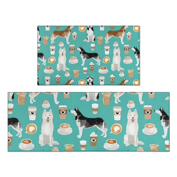 Husky and Coffee Kitchen Rugs Sets Of 2,Anti Fatigue Kitchen Mat Rugs Non Slip Washable,Decorative Kitchen Floor Mats for Kitchen,Sink,Laundry,17"x30"+17"x47"