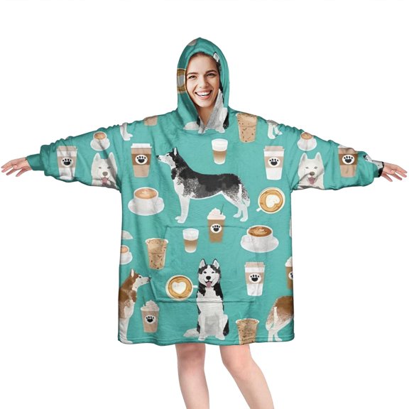Husky and Coffee Wearable Oversized Blanket,Wearable Blanket Hoodie for Adults,Cozy Hooded Blankets with Super Pockets,Super Warm Fuzzy Pullover for Women & Men