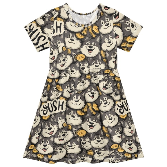 Husky Coin Short Sleeve Dress A-Line Cute Midi Casual Sundress 2-8 Years