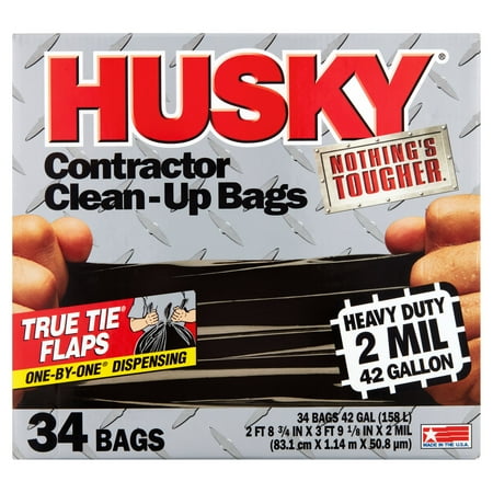 Husky Contractor Bags - 34 Bags, 42 Gallon, 2 Mil, Flap Tie - Black