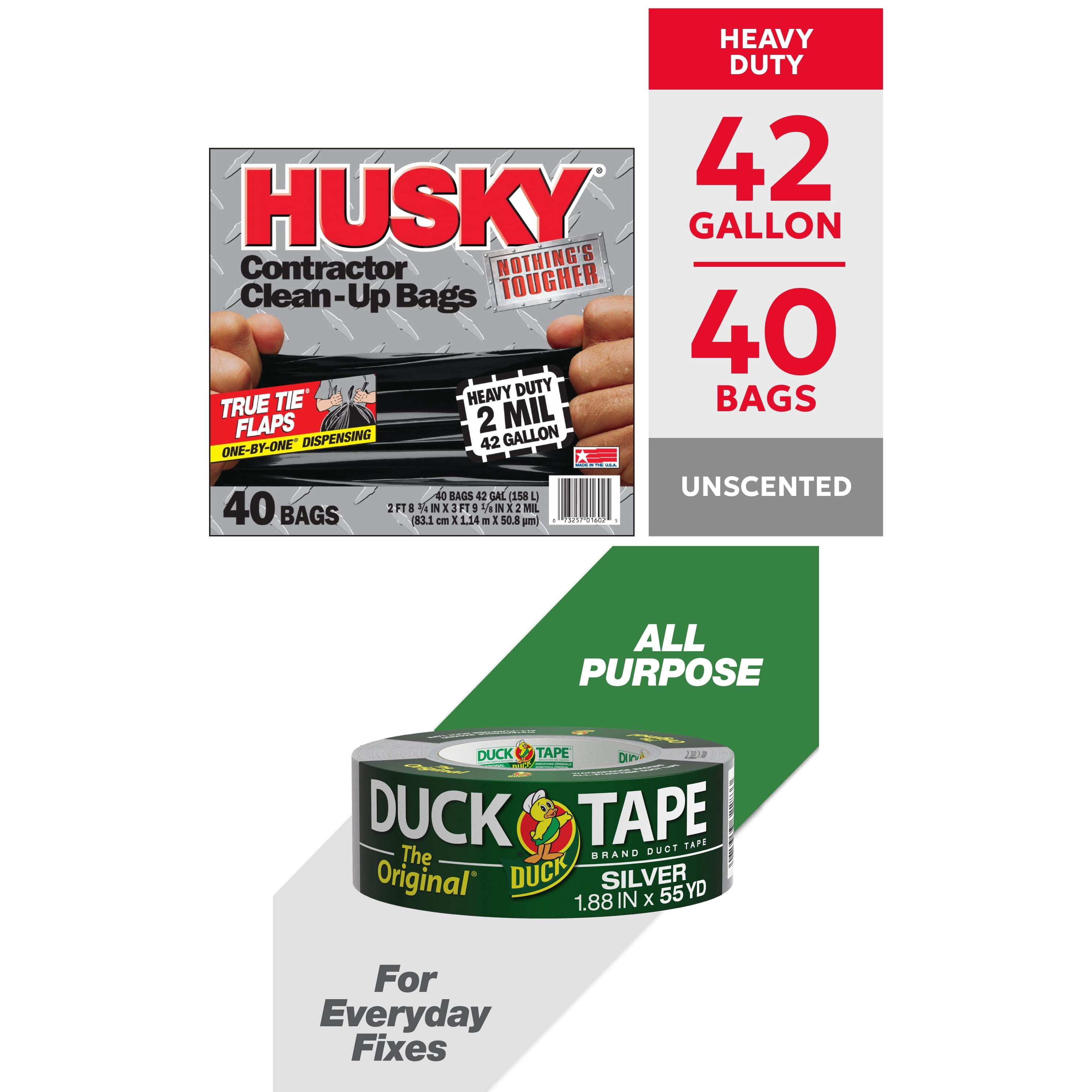 Husky Contractor Bags and Duck Brand Silver Duct Tape Cleanup Bundle