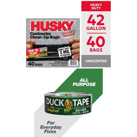 Husky Contractor Bags and Duck Brand Silver Duct Tape Cleanup Bundle