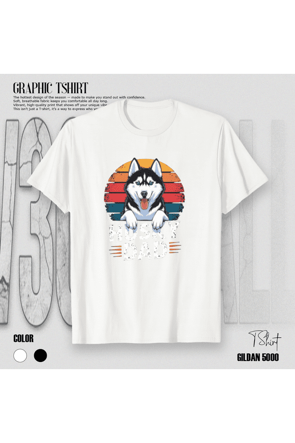 Husky Dad Retro Sunset Graphic T-Shirt Funny Dog Lover Gift T-shirt, for men & women, S-5XL