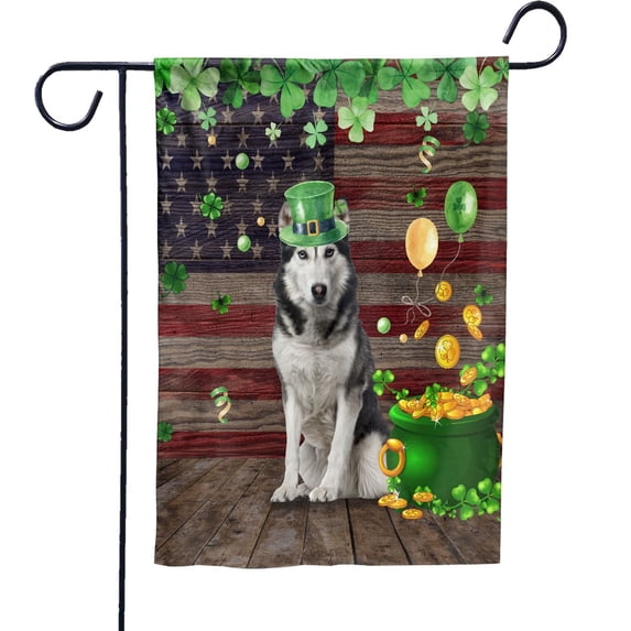 Husky Dog American Flag Patricks Day, St patricks Day Decorations House Flag (29.5x39.5) Double Sided-Premium Polyester-Decorative Indoor Outdoor Flag