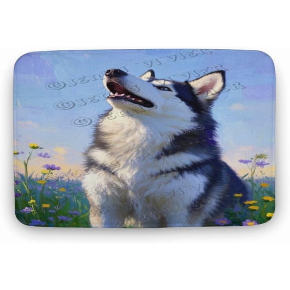 Husky Dog Bath Mat, 16x24 in Soft Water Wool Bathroom Rug, Non-Slip Plush Rug for Bathtime, Shower, Tub, or Pet-Friendly Floors