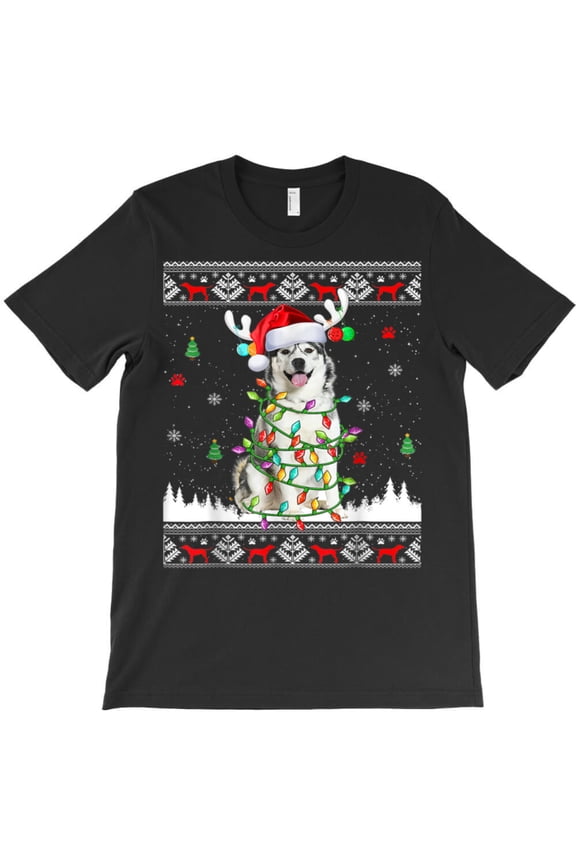 Husky Dog Christmas Lights Funny Funny Christmas Sweater Holiday Graphic T-Shirt G6857, Up to 5XL