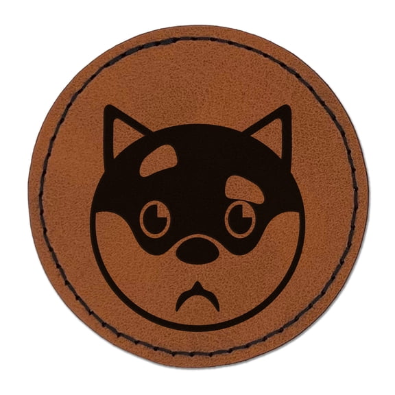 Husky Dog Face Curious 2.5" Faux Leather Round Engraved Iron-On Patch - Brown