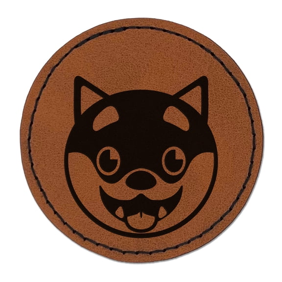 Husky Dog Face Excited 2.5" Faux Leather Round Engraved Iron-On Patch - Brown