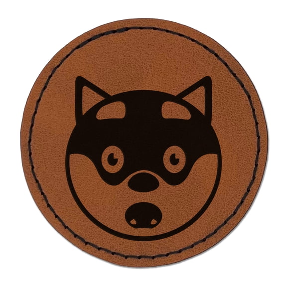 Husky Dog Face Shocked 2.5" Faux Leather Round Engraved Iron-On Patch - Brown