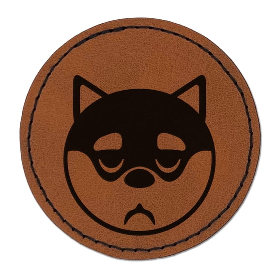 Husky Dog Face Sleepy Tired 2.5" Faux Leather Round Engraved Iron-On Patch - Brown