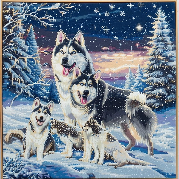 Husky Dog Family in Snow Forest DIY 11CT Stamped Cross Stitch Kits for Beginners Easy Needlepoint Embroidery Counted Cross Stitch Art Craft for Wall Decoration 14x14inch(3)