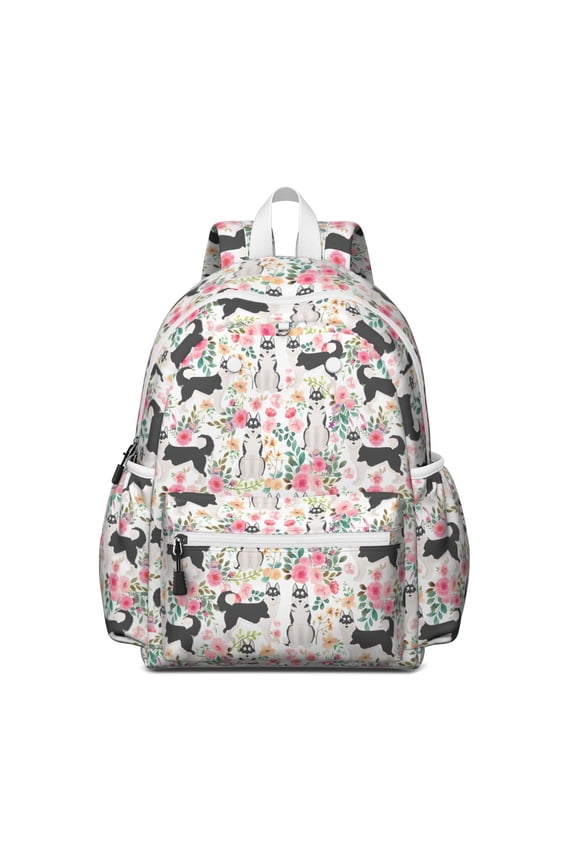 Husky Dog Flower Floral Backpack for School,Cute School Bag,Schoolbag with Adjustable Shoulder Straps & Padded Back,13.4"x11"x4.7"