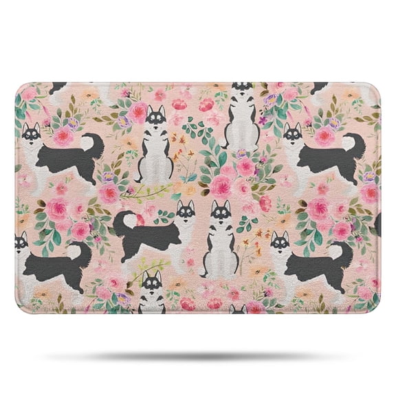 Husky Dog Flower Floral Bathroom Rugs Mat,Non Slip Microfiber Bathroom Rug,Rubber Backing,Soft Bathroom Mats for Bathroom Floor,Tub and Shower,17x27in(43x68cm)