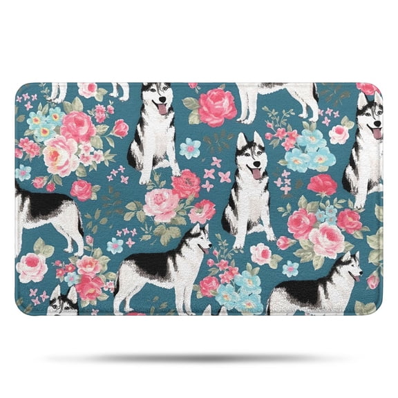 Husky Dog Flower Floral Bathroom Rugs Mat,Non Slip Microfiber Bathroom Rug,Rubber Backing,Soft Bathroom Mats for Bathroom Floor,Tub and Shower,17x27in(43x68cm)