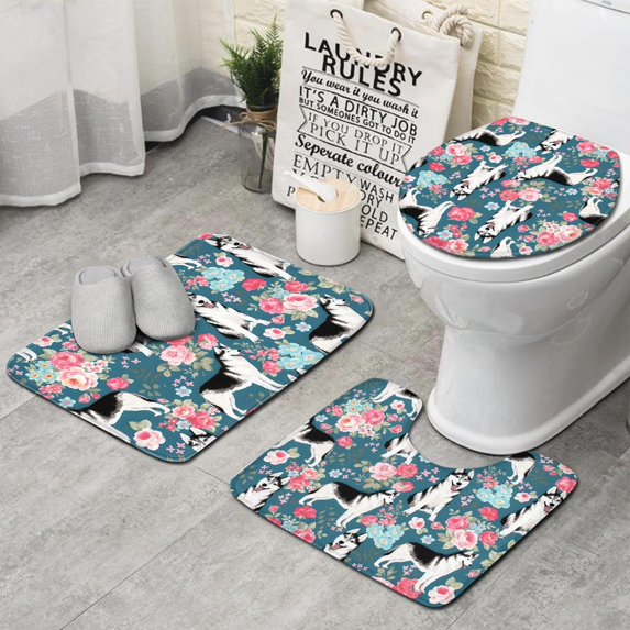 Husky Dog Flower Floral Bathroom Rugs Sets 3 Piece,Toilet Cover Set,Absorbent Non Slip Bathroom Mats Sets with U-Shaped Contour Rug Toilet Rug Set