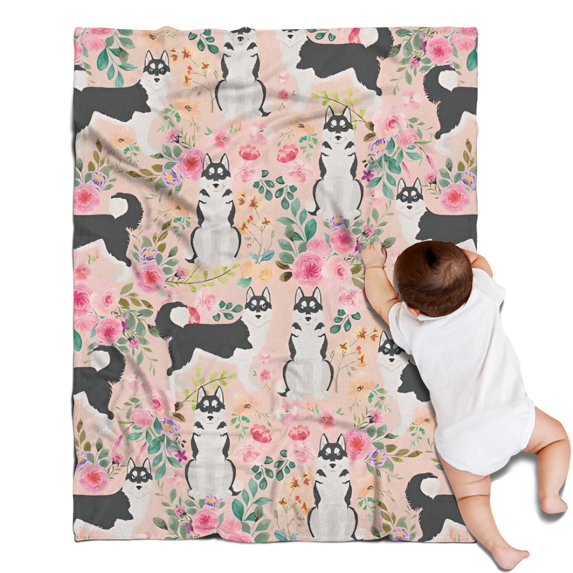 Husky Dog Flower Floral Blanket,Comfortable Soft Lamb Wool Throw Blanket,All Season,Warm Lightweight Blankets for Sofa Bed Couch Living Room Chair,30"x40"