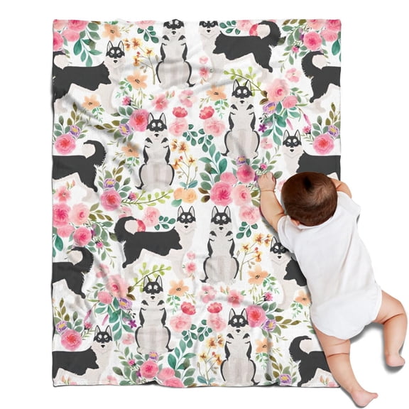 Husky Dog Flower Floral Blanket,Comfortable Soft Flannel Throw Blanket,All Season,Warm Lightweight Blankets for Sofa Bed Couch Living Room Chair,30"x40"