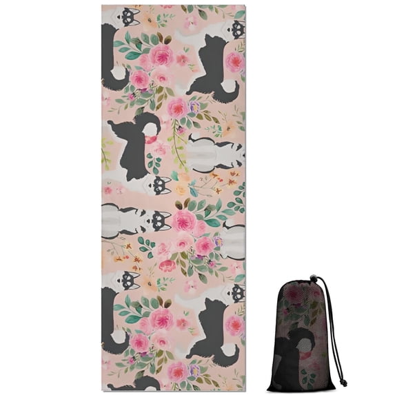 Husky Dog Flower Floral Hot Yoga Mat Towel Non Slip for Hot Yoga - Quick-Drying Yoga Mat Cover with 4 Corner Pockets with Travel Bag - Hot Yoga Towel Non Slip 74"x26"