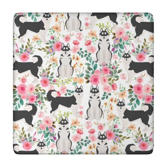 Husky Dog Flower Floral Square Fitted Tablecloth with Elastic Edge,Square Table Cover,Washable Elastic Table Cover for Home Kitchen Party Decor 34"x34"