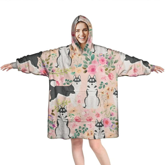 Husky Dog Flower Floral Wearable Oversized Blanket,Wearable Blanket Hoodie for Adults,Cozy Hooded Blankets with Super Pockets,Super Warm Fuzzy Pullover for Women & Men
