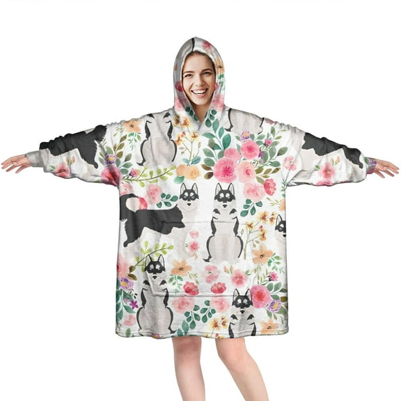 Husky Dog Flower Floral Wearable Oversized Blanket,Wearable Blanket Hoodie for Adults,Cozy Hooded Blankets with Super Pockets,Super Warm Fuzzy Pullover for Women & Men