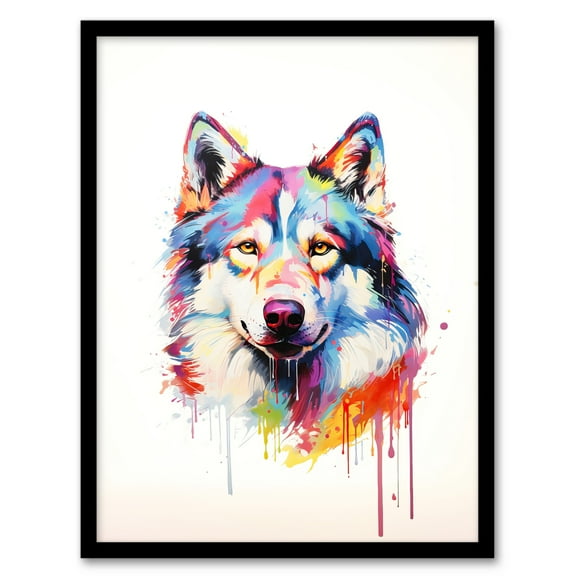 Husky Dog Lover Gift Pet Portrait Rainbow Colours Artwork Painting Art Print Framed Poster Wall Decor 12x16 inch