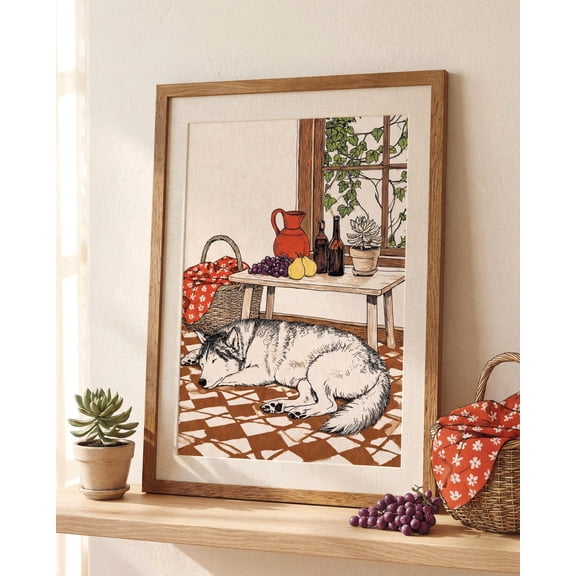 Husky Dog Print, Rustic Kitchen Wall Art, Sleeping Dog Poster, Country Farmhouse Decor, Poster Only