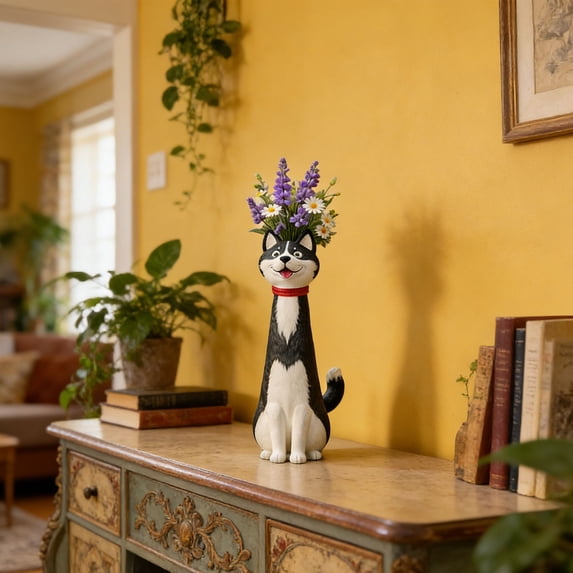Husky Dog Resin Flower Vase,Cute Animal Shaped Vase for Home Decor,Hand-Painted Resin Dog Statue Planter,Multi-Purpose Storage Ornament for Living Room,Garden,Balcony,Gift for Dog Lovers