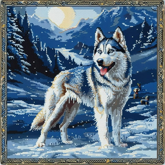 Husky Dog in Snow DIY 11CT Stamped Cross Stitch Kits for Beginners Easy Needlepoint Embroidery Counted Cross Stitch Art Craft for Wall Decoration 14x14inch(3)