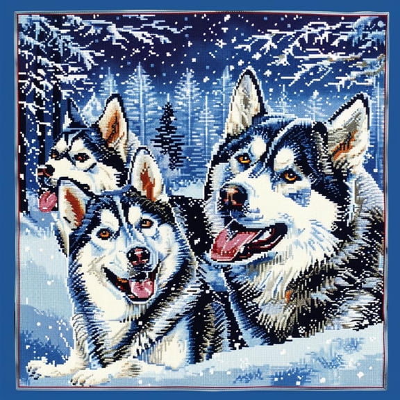 Husky Dog in Snow DIY 11CT Stamped Cross Stitch Kits for Beginners Easy Needlepoint Embroidery Counted Cross Stitch Art Craft for Wall Decoration 14x14inch(3)