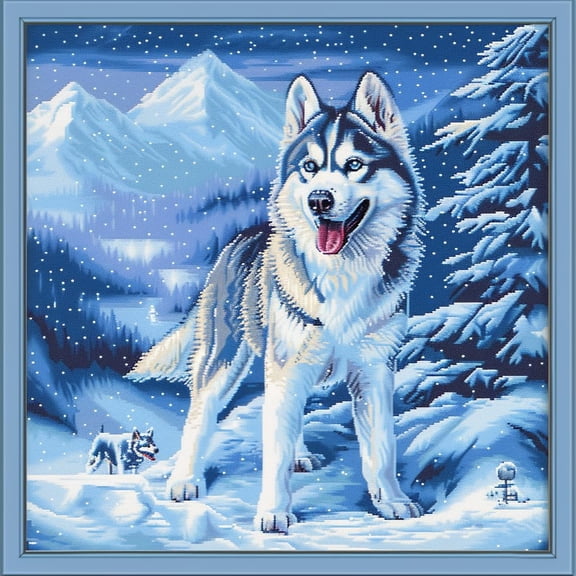 Husky Dog in Snow DIY 11CT Stamped Cross Stitch Kits for Beginners Easy Needlepoint Embroidery Counted Cross Stitch Art Craft for Wall Decoration 14x14inch(4)