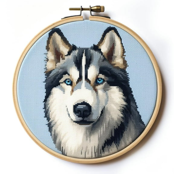 Husky Dog Stamped Cross Stitch Kits for Beginners Easy with Hoop 11CT Needlepoint Embroidery DIY Counted Cross Stitch Kits Art Craft Wall Decor 35x35cm(1)