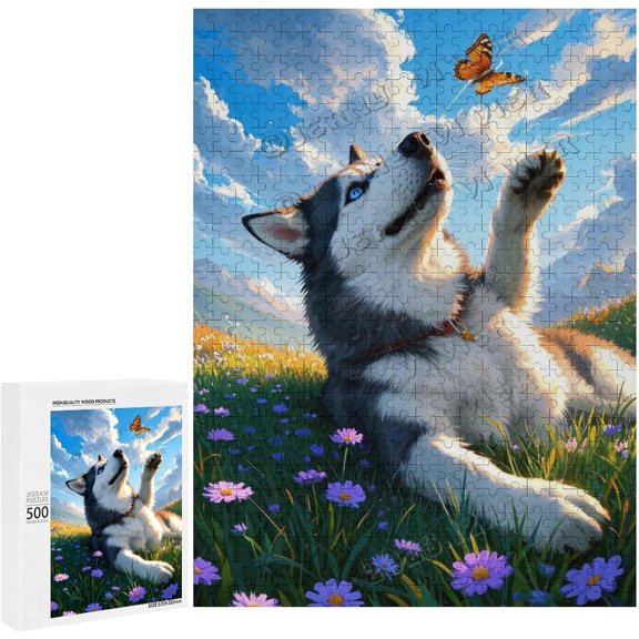 Husky Dog Themed 500 Piece Jigsaw Puzzle for Adults, Finished Size 20.5" x 15", Fun Family Activity, Wooden