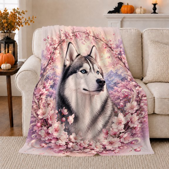 Husky Dog among Pink Cherry Blossoms, Serene Botanical Style for Dog Lovers, Floral Spring Portrait and Pet Adoption Gift, Soft Flannel Blanket for Bedroom and Guest Room, Home Decor