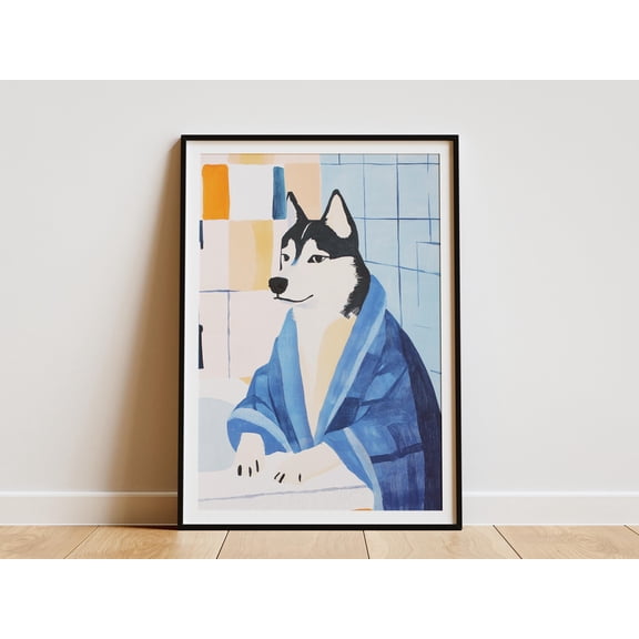 Husky Dog in Bathrobe Art Print Bathroom Wall Decor Matisse Style Animal Poster Funny Dog Art Canine Illustration Modern Art Print