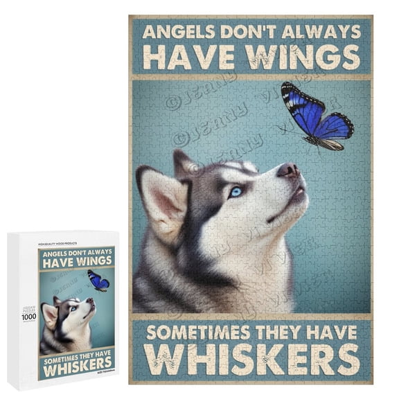 Husky Dog with Butterfly Angel Wings  1000 Piece Jigsaw Puzzle for Adults | Pet Lovers Tribute Puzzle & Decorative Keepsake