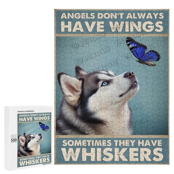 Husky Dog with Butterfly Angel Wings  500 Piece Jigsaw Puzzle for Adults | Pet Lovers Tribute Puzzle & Decorative Keepsake