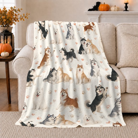 Husky Dogs Paw Prints Hearts on Cream, Gentle Watercolor Pet Portrait Pattern for Dog Lovers, Cozy Flannel Blanket for Bedroom Living Room, Pet Adoption Gift, Cream Home Decor