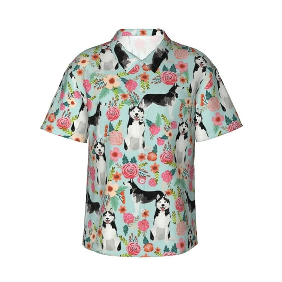 Husky Dogs Puppy Flower Floral Men'S 3d Print Casual Button Down Shirts, Novelty Hawaiian Short Sleeves L