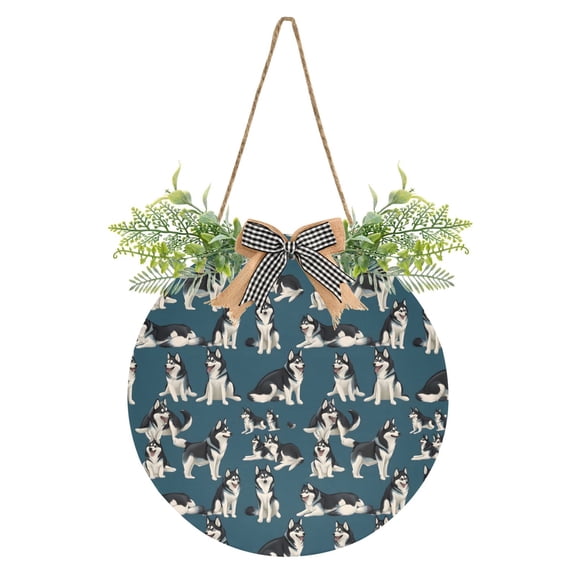 Husky Flat Vector Different Moves Front Door Porch Decoration Hanging Sign with Artificial Green Plants and Bow for Home Outdoor Indoor