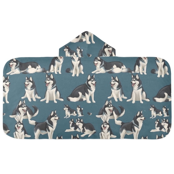 Husky Flat Vector Different Moves Hooded Beach Towel Kids Bath Towels Quick Dry for Pool Swiming 50" x 23.5" Microfiber Soft Bathrobe