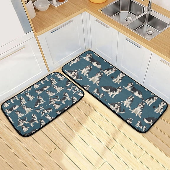 Husky Flat Vector Different Moves Kitchen Mat Set of 2 Cushioned Non Slip Rugs for Bedroom Floor Runner Mats