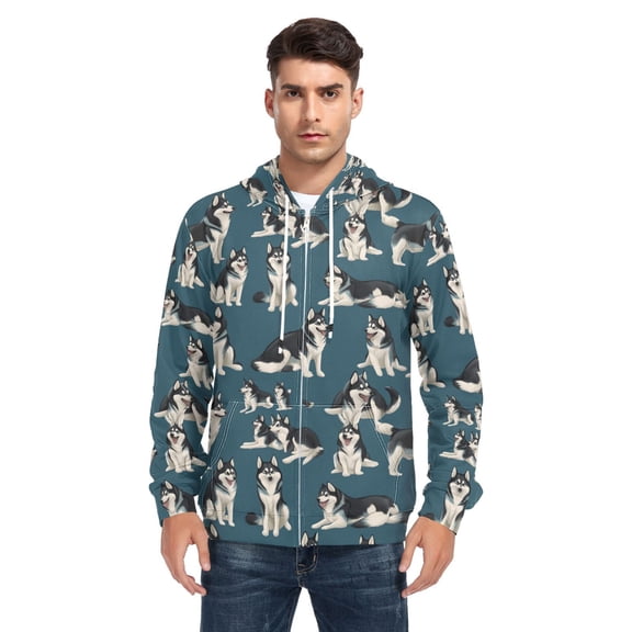 Husky Flat Vector Different Moves Men’s Hoodies Sweatshirt with Full Zip Pockets Fleece Jackets