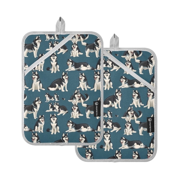 Husky Flat Vector Different Moves Oven Mitts Pot Holders 2 pcs Heat Resistant for Kitchen Baking Grilling