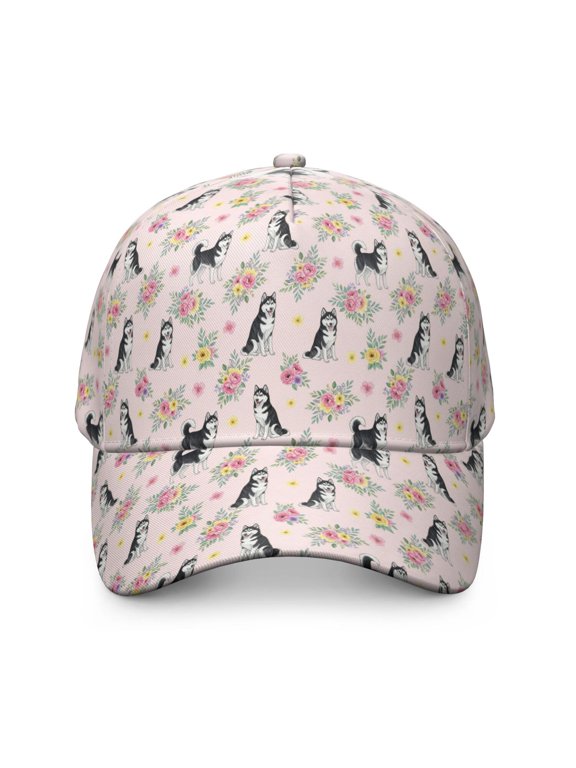 Husky and Floral Pink Pattern Baseball Cap, Structured Flat Bill Hat with Snap Closure & Sweatband, Breathable Eyelets Gifts for Sports Outdoor Travel