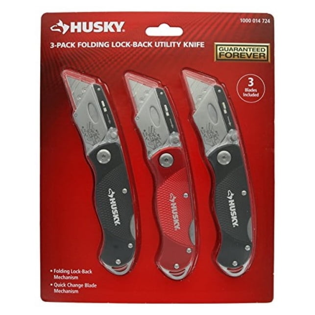 Husky Folding Sure-Grip Lock Back Utility Knives Multi Pack (3 Piece Set: 3 x Husky Knives w/ Blades) (Colors Vary)