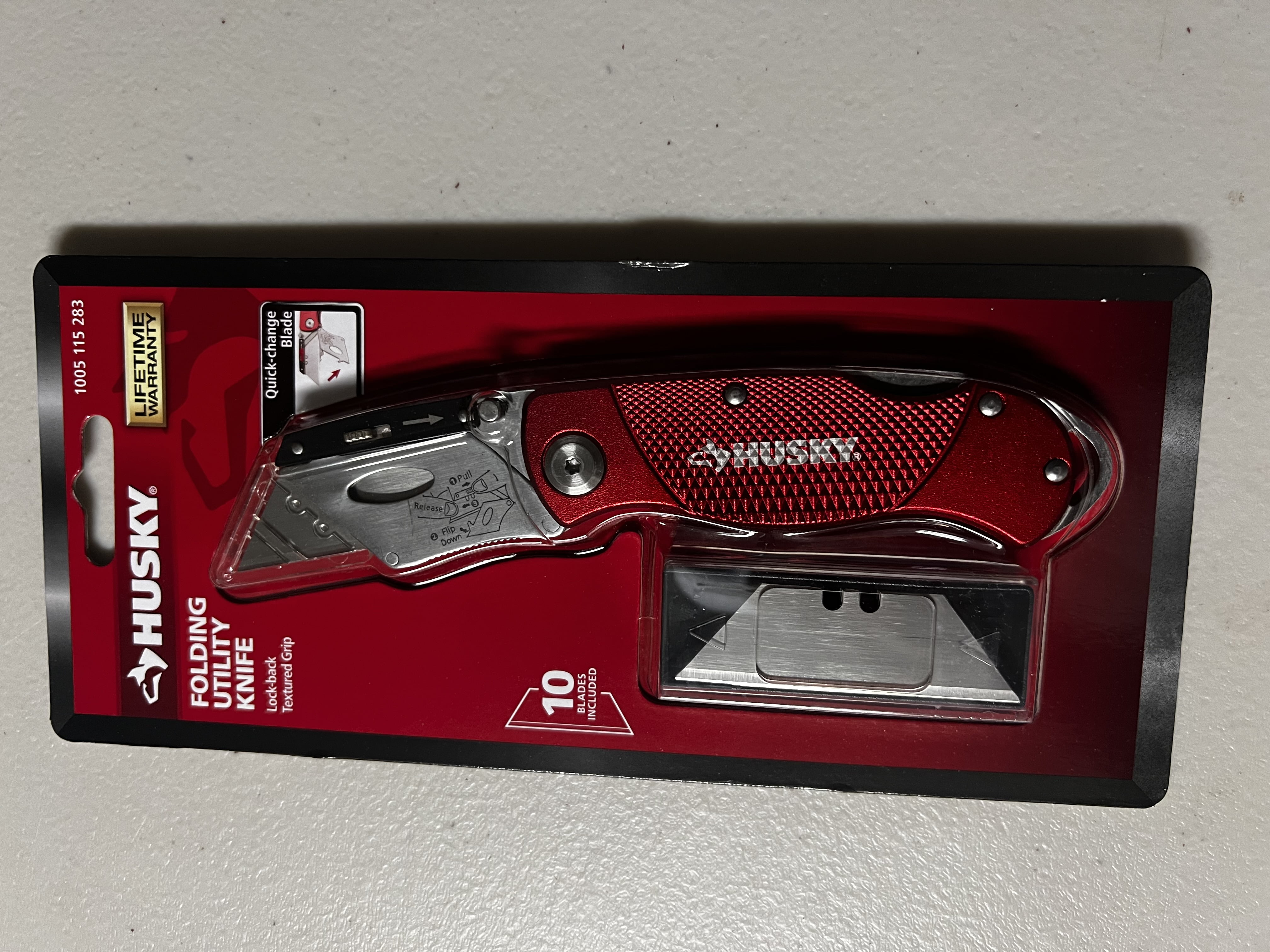 Husky Folding Lock-Back Utility Knife, Red with 10-Blades